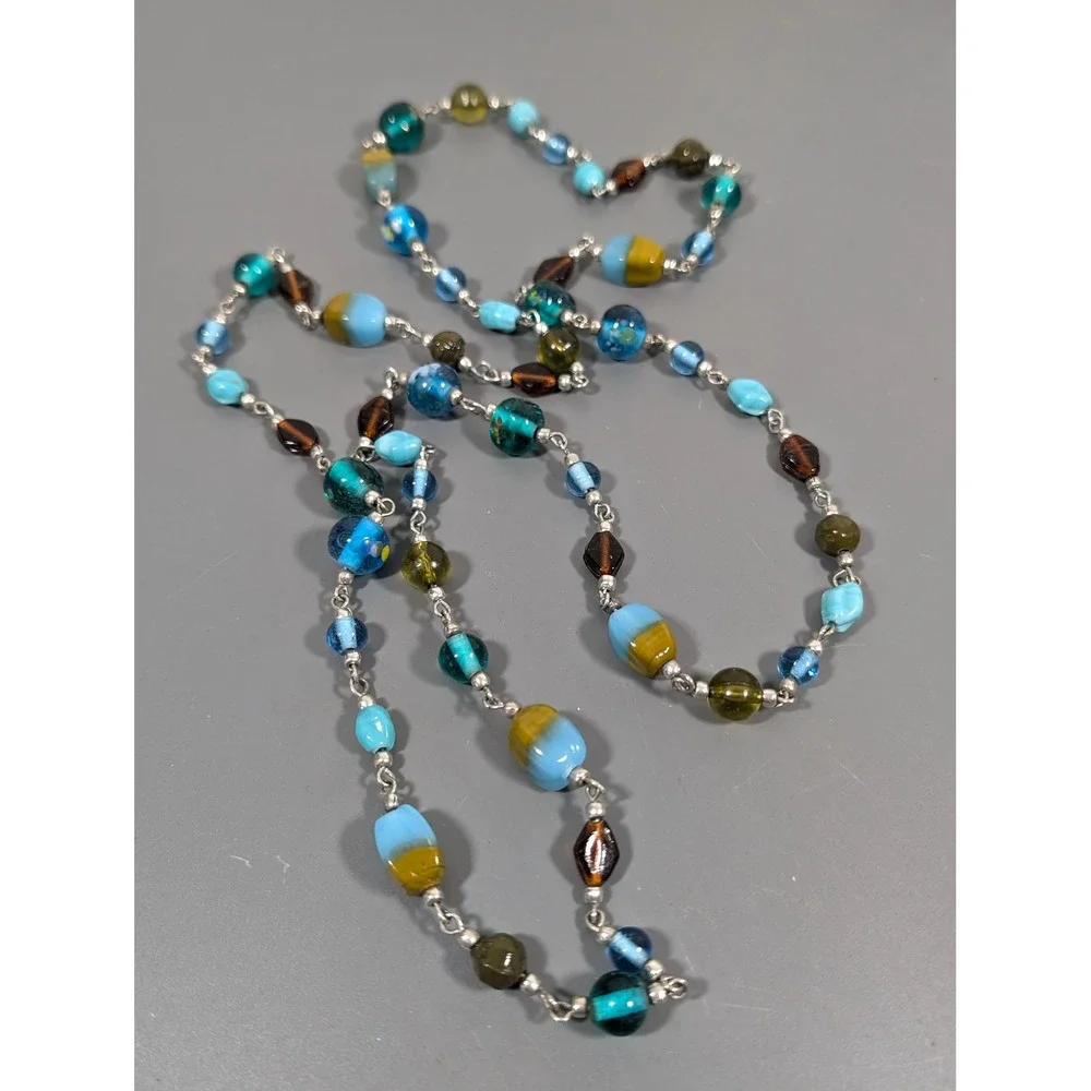 Long Glass Bead Necklace Blue Brown‎ Mixed Beads 40